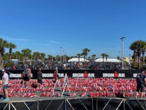 Ironman setup, blue sky rows of red bags