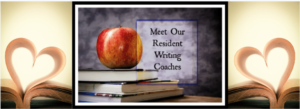 Apple on books with the sign Meet Our Resident Writing Coaches